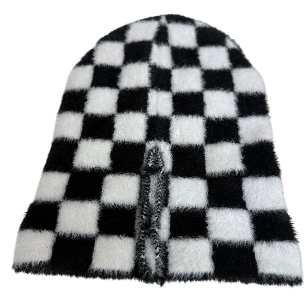 HERSCHEL Polson Faux Mohair Beanie Black White Hat Checkerboard Harlequin